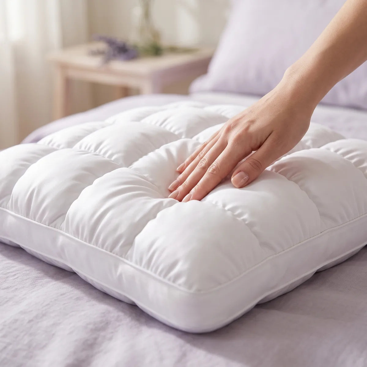 Una mano se hunde en un cuadro mullido de la almohada